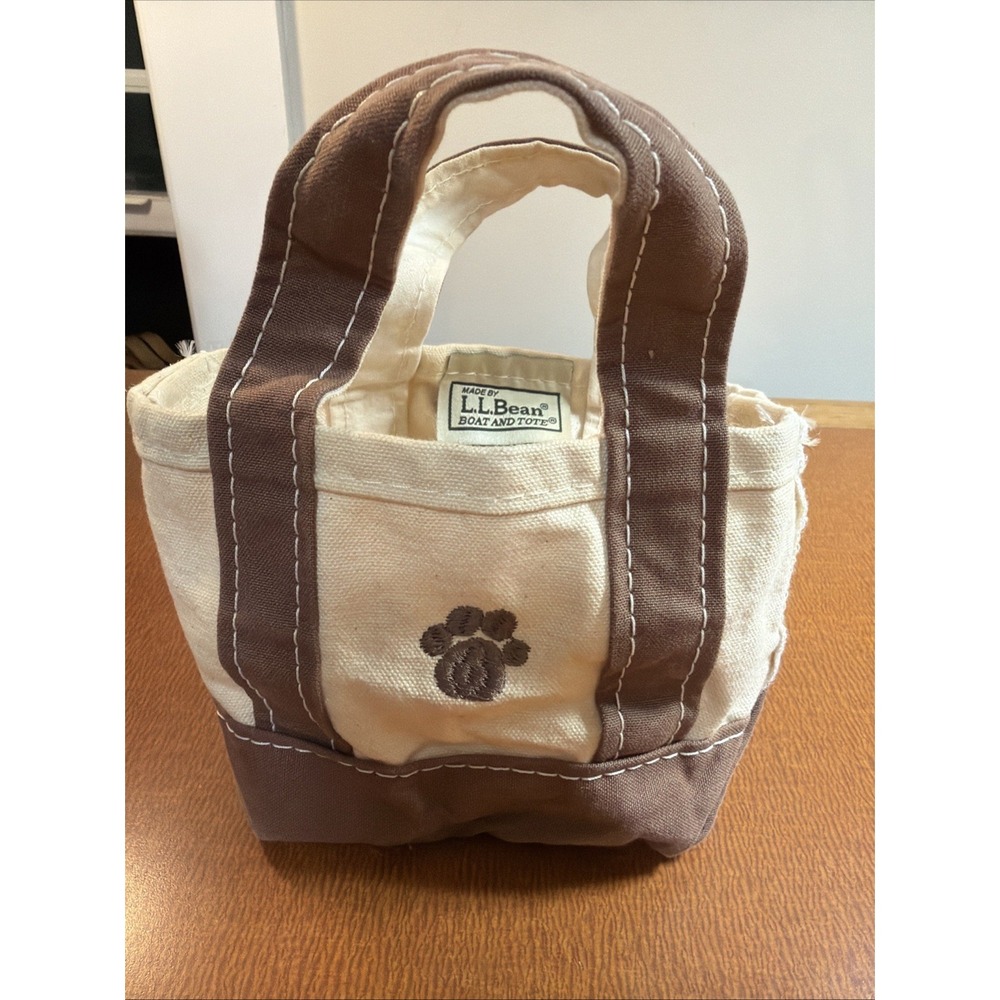 LL Bean Boat And Tote Bag Mini Brown Natural Canvas Dog Pawprint Embroidery USA